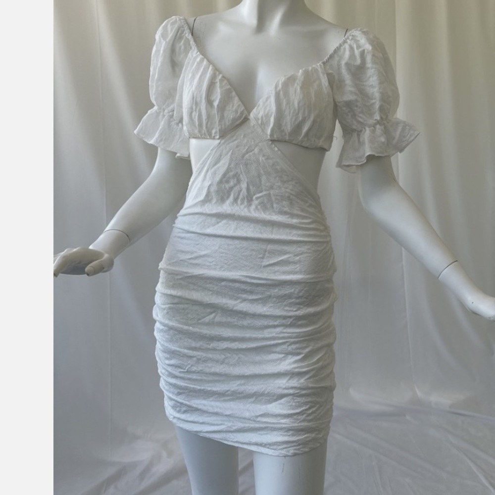 Saints + Secrets Puff Sleeve Mini Dress White Sz S With Bow In Back